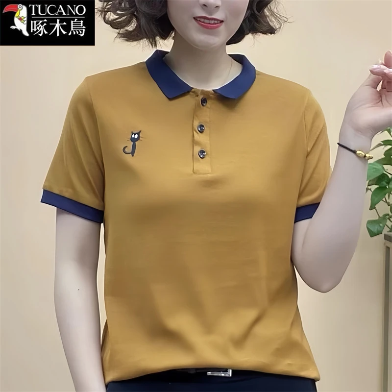 啄木鸟新款翻领拼色短袖刺绣t恤2025年夏季薄款减龄高级感上衣女
