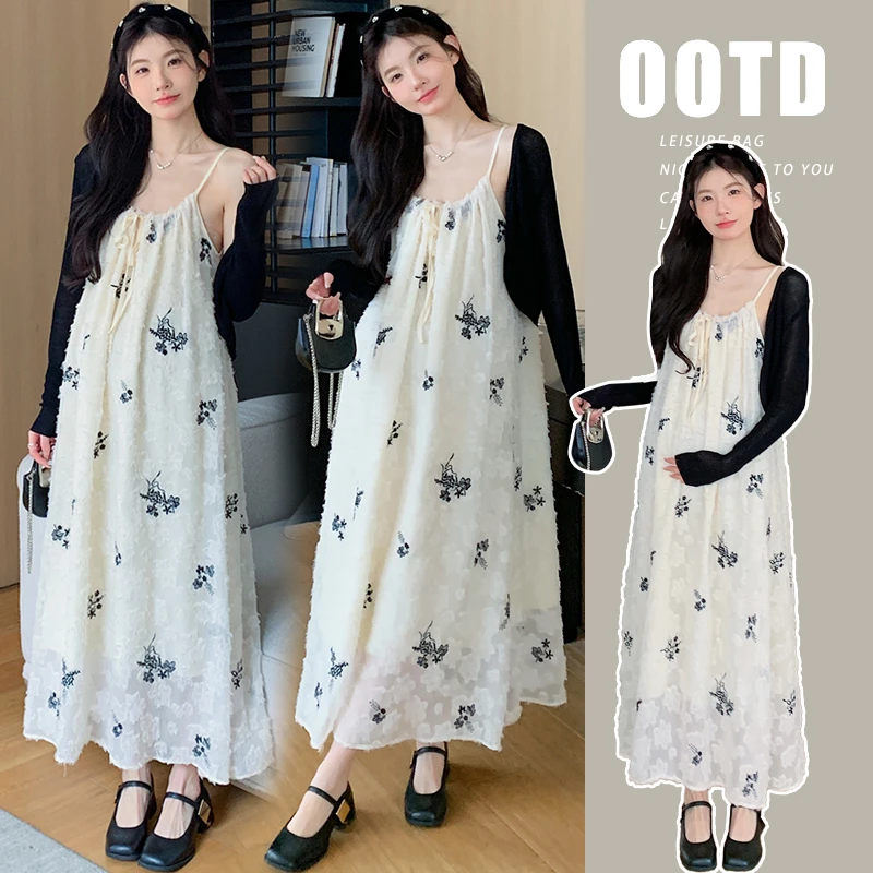 孕妇夏装韩版2025春夏新款时尚刺绣可调节孕妇吊带裙+开衫两件套