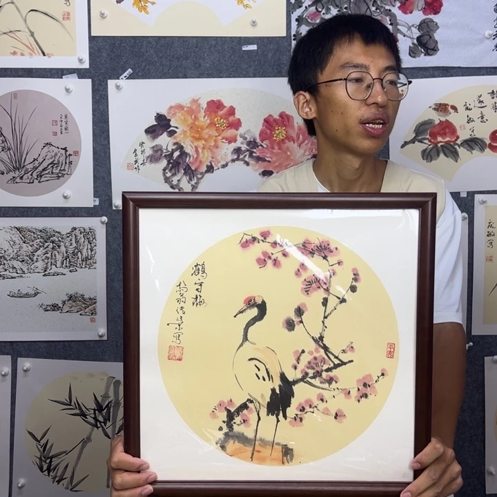 国画纯手绘鹤守梅【41*41】送框