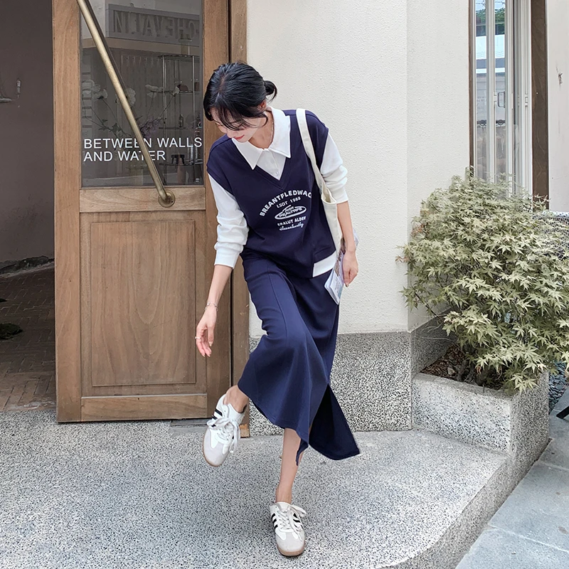 藏青色学院风字母印花假两件上衣套装女2025春秋开叉半身裙两件套