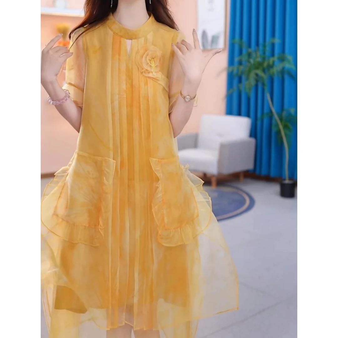 端庄大气宽松大码连衣裙2025夏季新款气质减龄显瘦遮肚中长款裙子