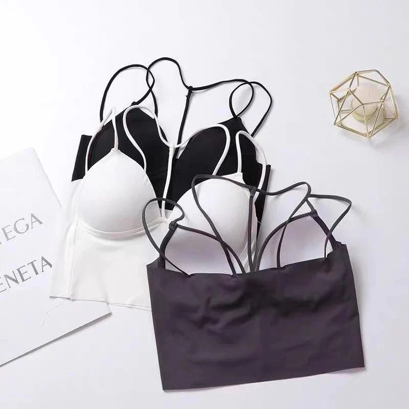 辣妹冰丝美背文胸一体吊带背心女内搭外穿抹胸内衣设计感挂脖上衣