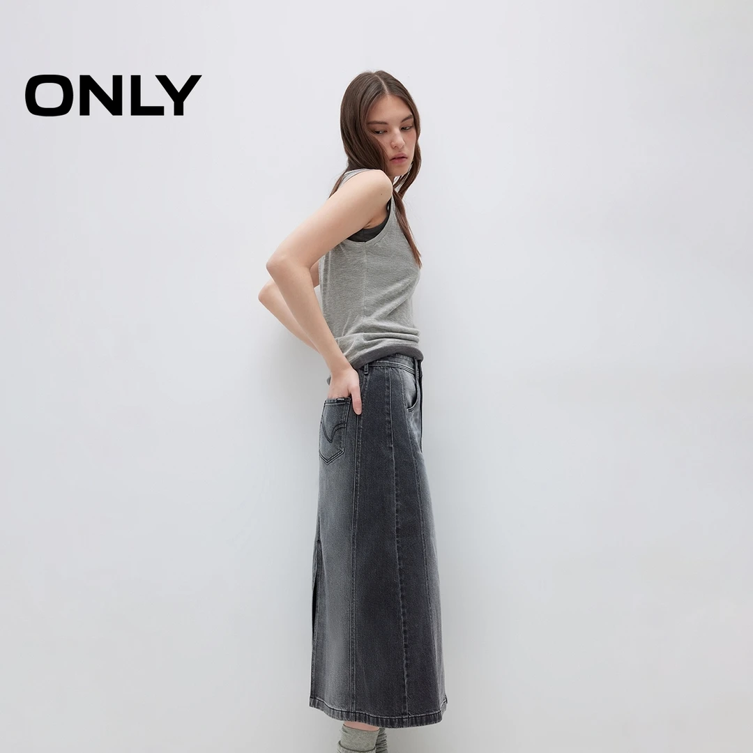ONLY夏季拼接水洗高腰中长裙牛仔半身裙女老钱风松弛感|125137024