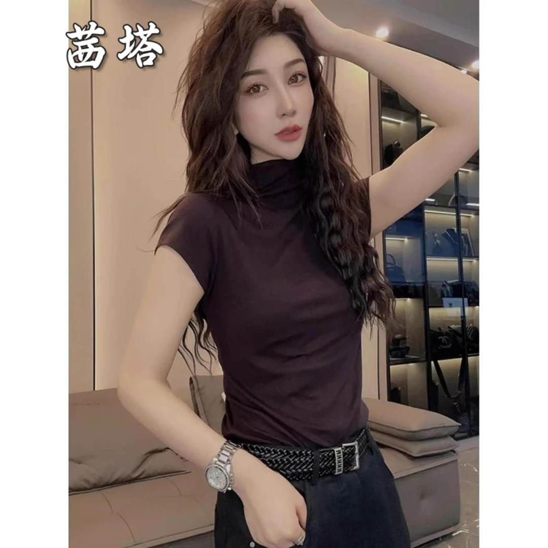 咖色半高领短袖T恤女装2025春夏新款欧货修身显瘦正肩小飞袖上衣