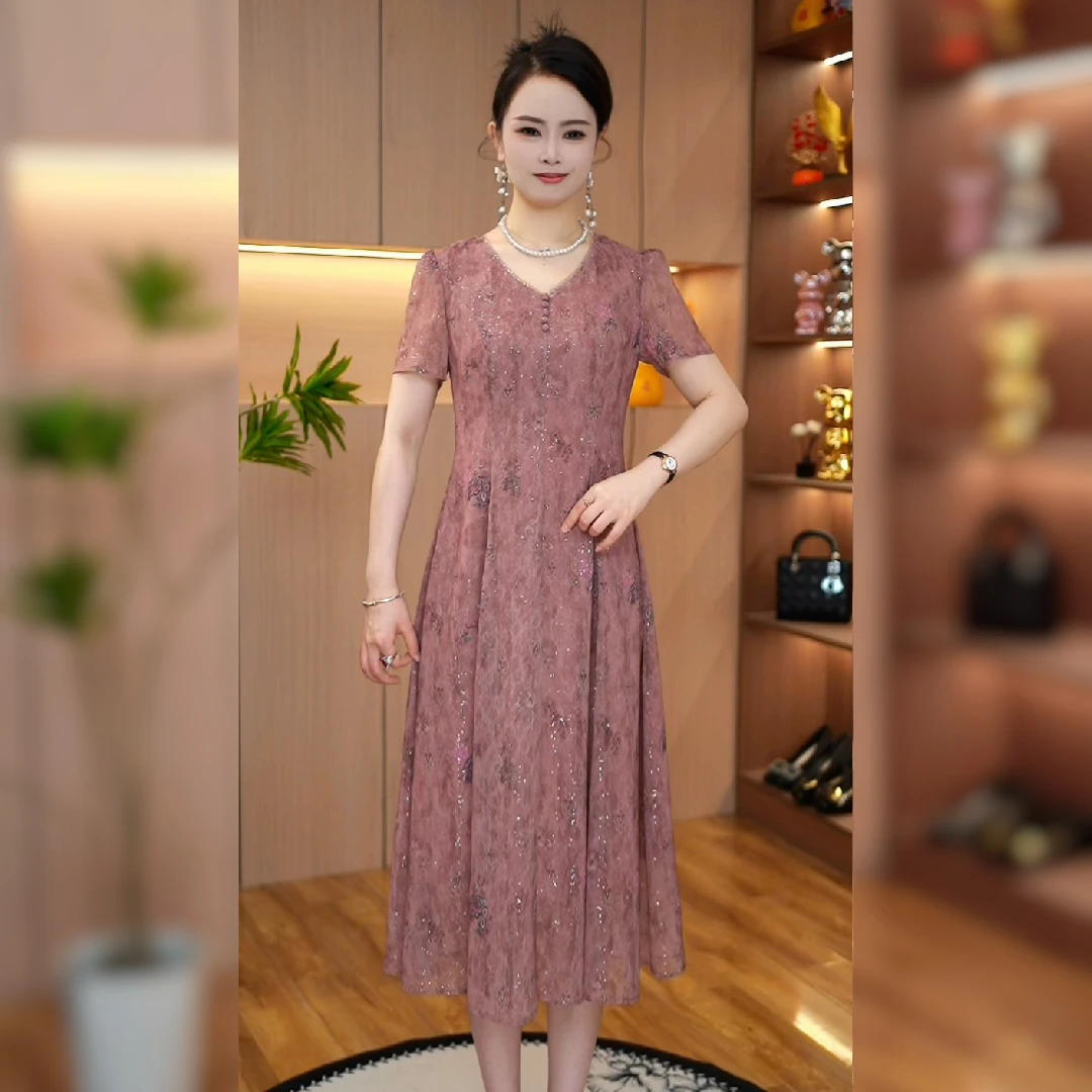 2025夏季新款短袖时尚妈妈装时尚洋气显瘦连衣裙优雅修身气质