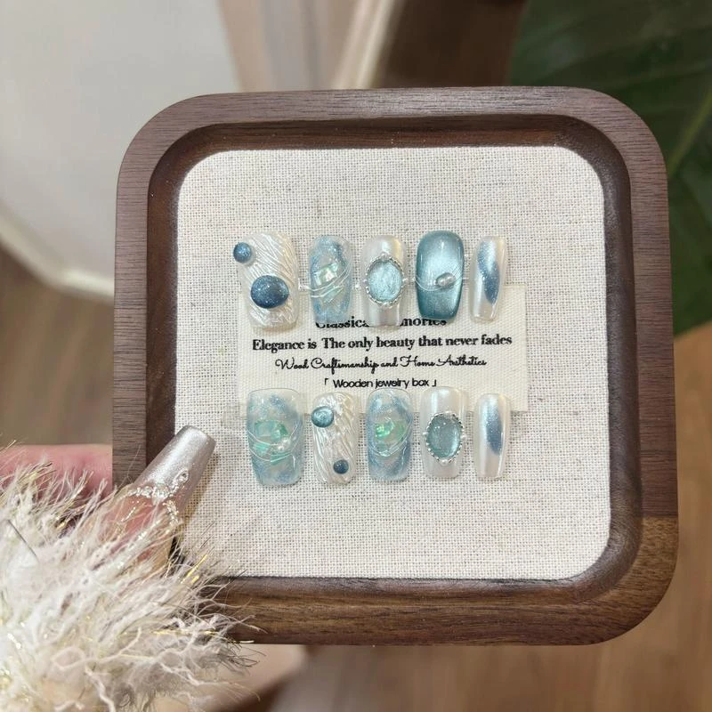 春季清新纯手工穿戴甲制作高级感猫眼显白灵珠海域晶石中式复古