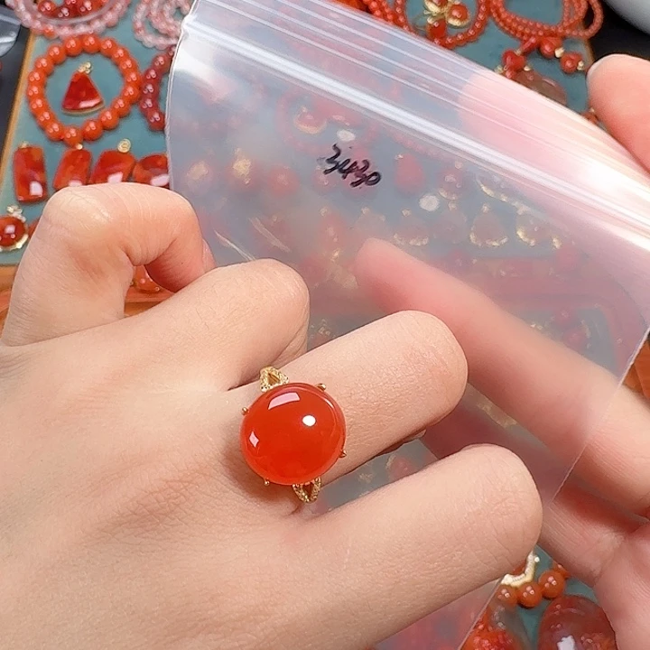 南红玛瑙银S925镀金镶嵌戒指