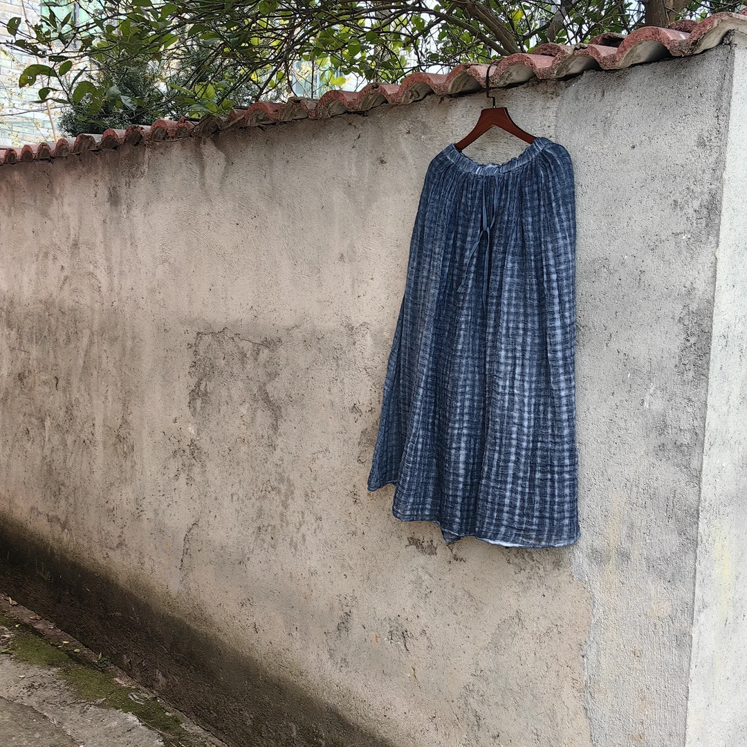 5590-1稀疏麻格子文艺自带里衬抽绳大摆裙腰围66cm裙长87cm