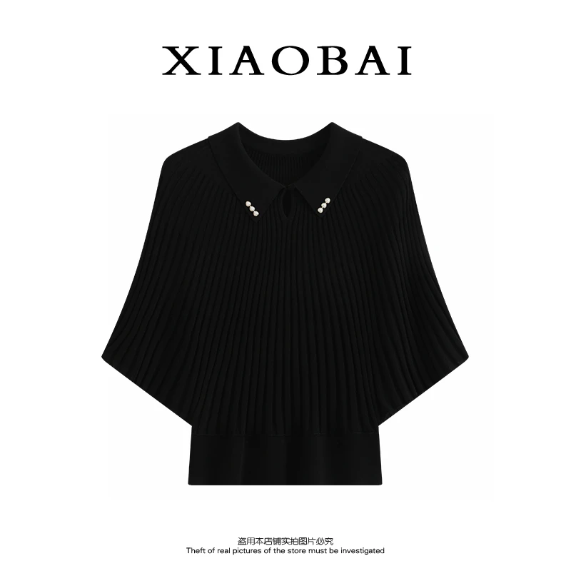 XIAOBAI 风琴斗篷翻领针织衫夏季新款简约气质设计款黑白女士短袖