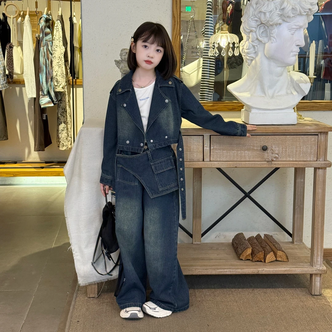 2025女童牛仔套装春秋外套时髦不规则阔腿裤两件套中大童秋季新款