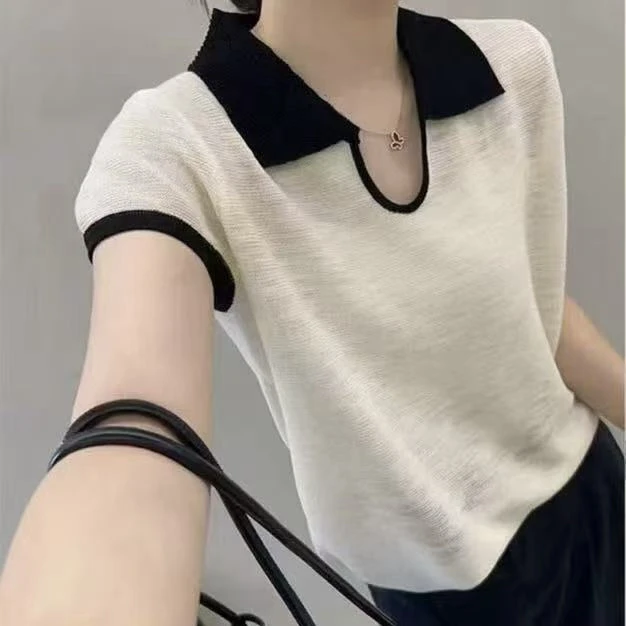 薄款翻领修身短款短袖撞色针织衫洋气设计感百搭显瘦时尚休闲上衣