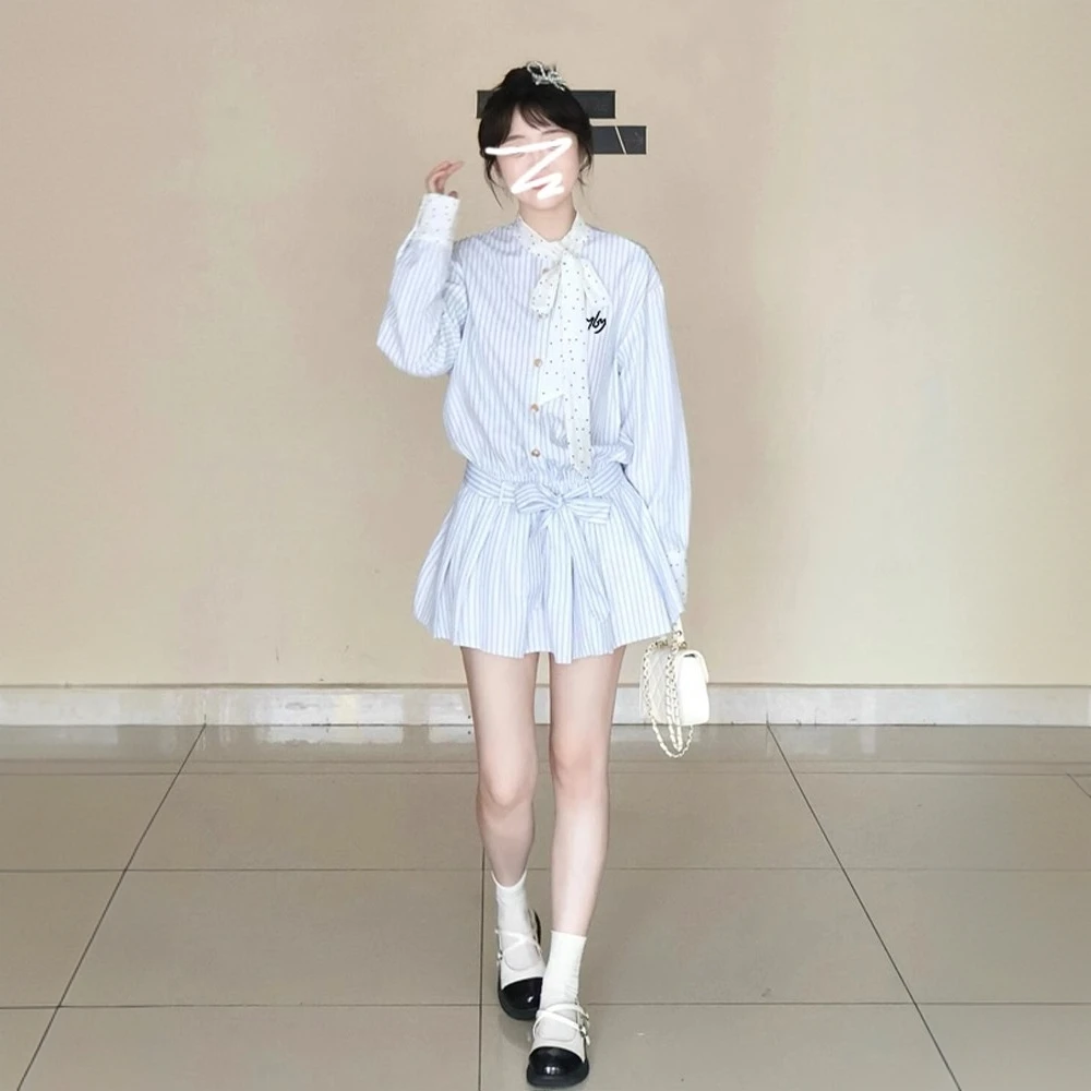 早春学院风蝴蝶结条纹衬衫连衣裙子女秋冬2025新款小个子韩系穿搭