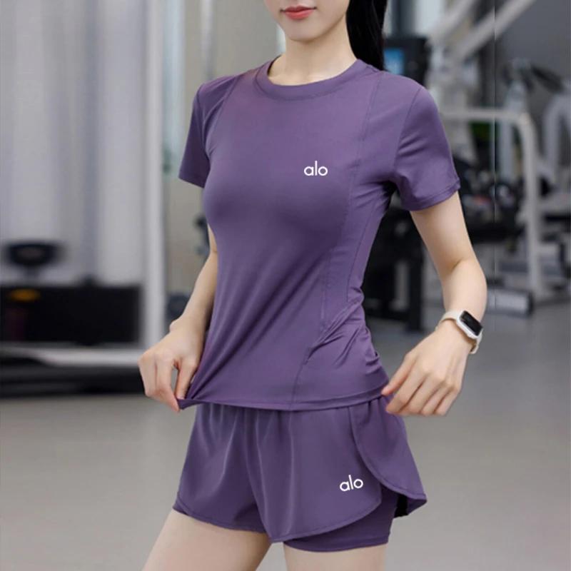alo奥莱户外运动套装女夏季跑步速干健身短袖透气晨跑瑜伽服训练