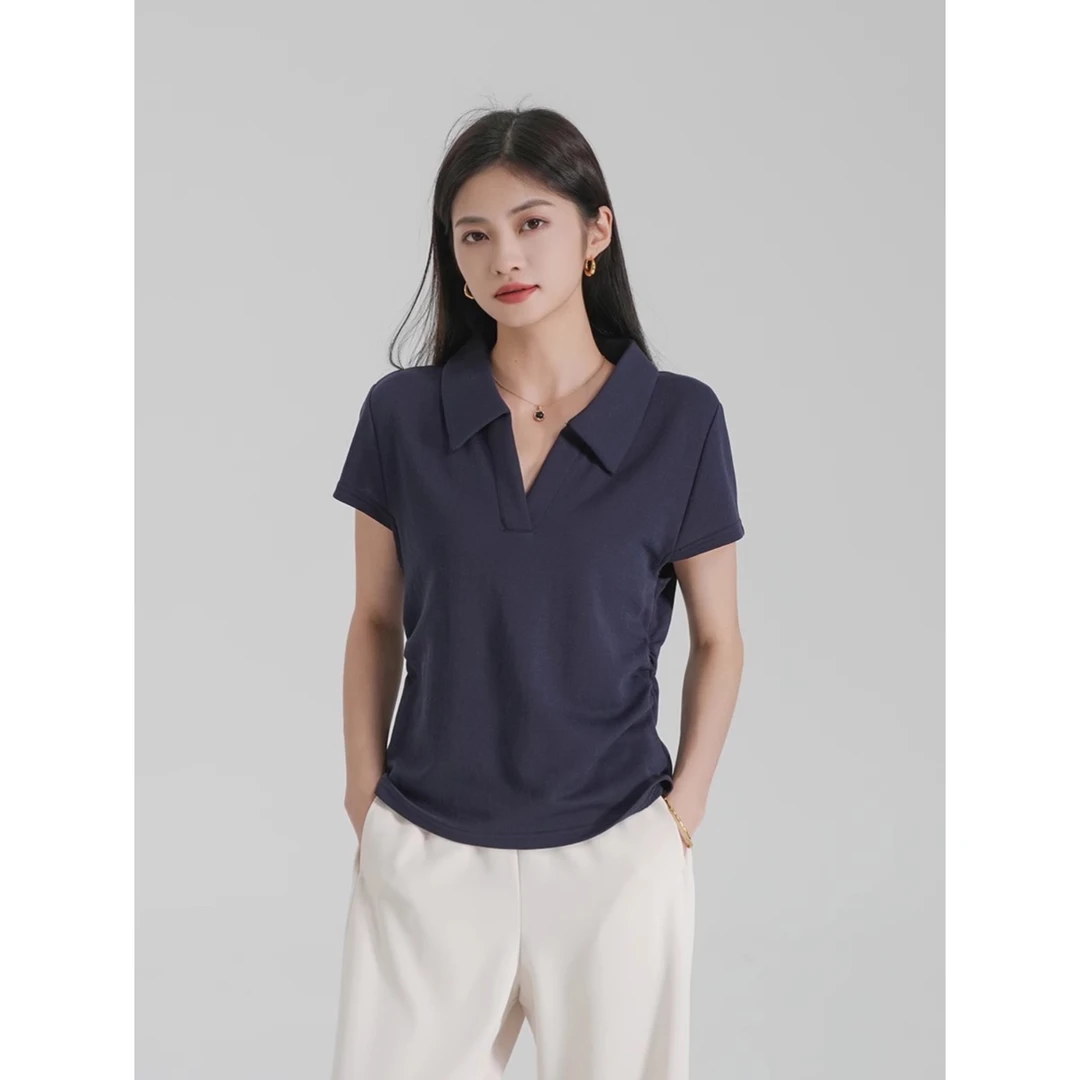 POLO领天丝亚麻短袖女t恤2025新款夏装内搭打底衫翻领上衣设计感