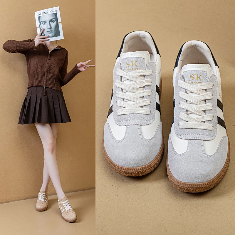 2025春季新款网红真皮德训鞋女鞋拼色休闲鞋学生时尚低帮鞋小单鞋