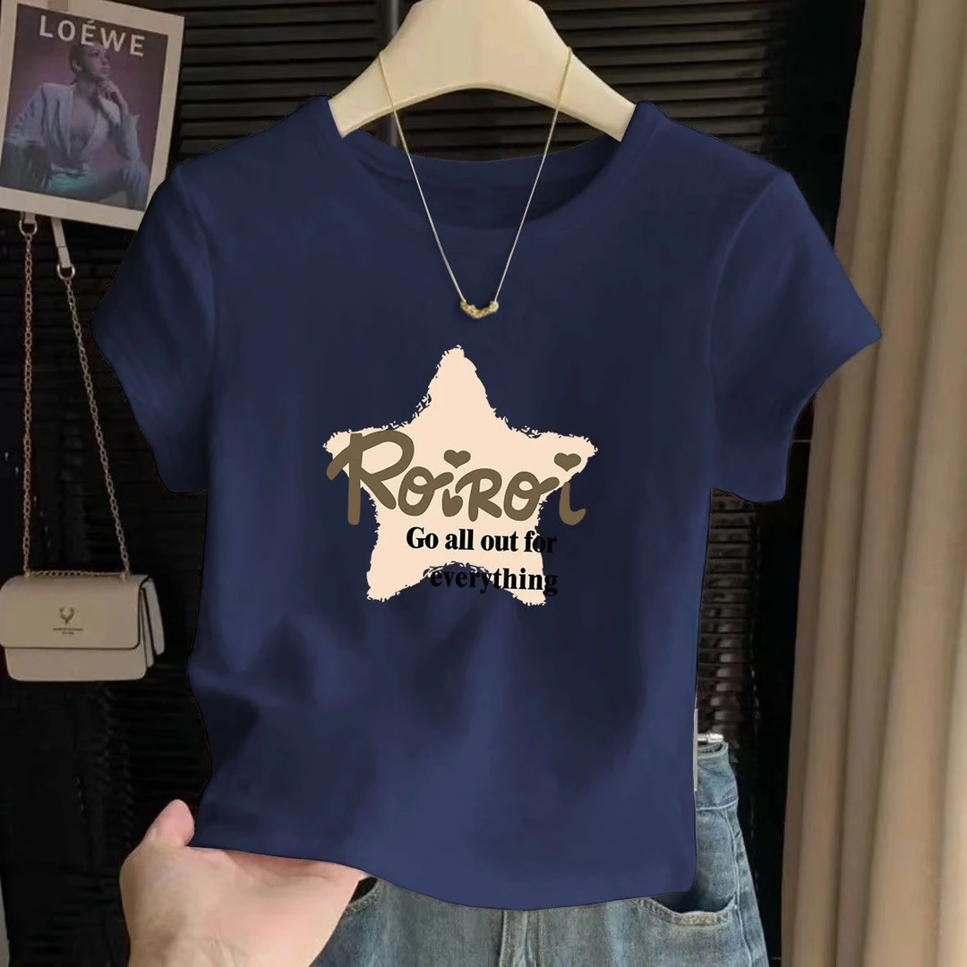 小个子短款2025夏季纯棉圆领短袖设计感别致t恤衫女高腰印花上衣