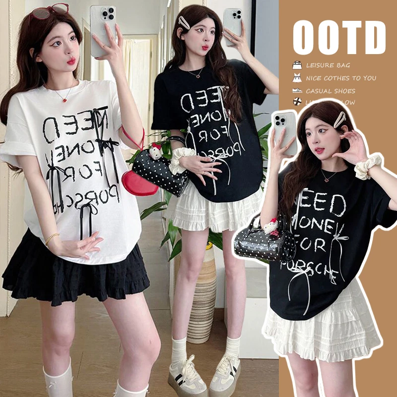 时髦孕妇装新款夏季字母印花蝴蝶结短袖显瘦款网红洋气时尚半身裙