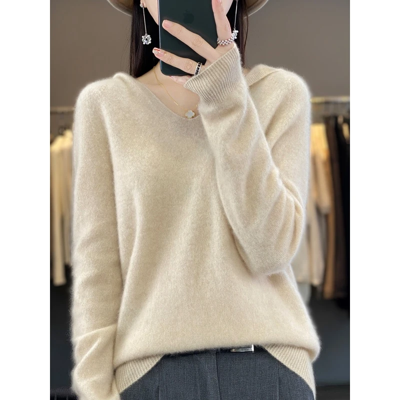 100纯羊毛针织帽衫女V领套头宽松休闲连帽卫衣秋冬百搭纯色打底衫