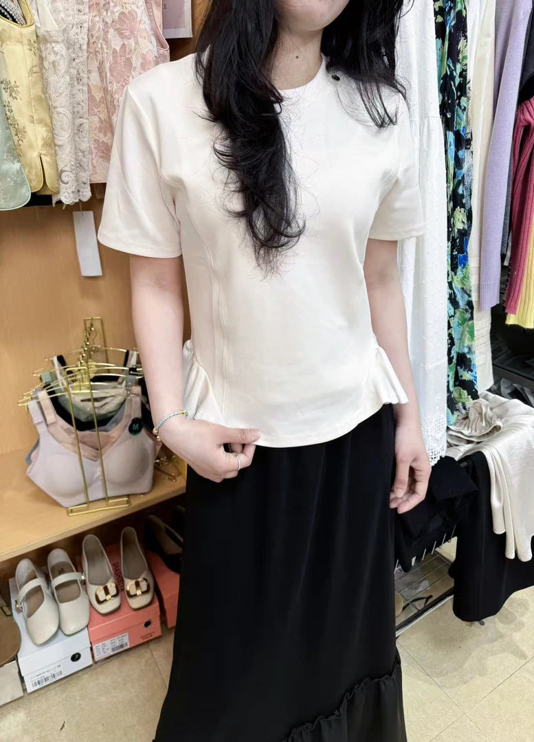 乐缘E新款时尚不规则荷叶边短袖T恤上衣