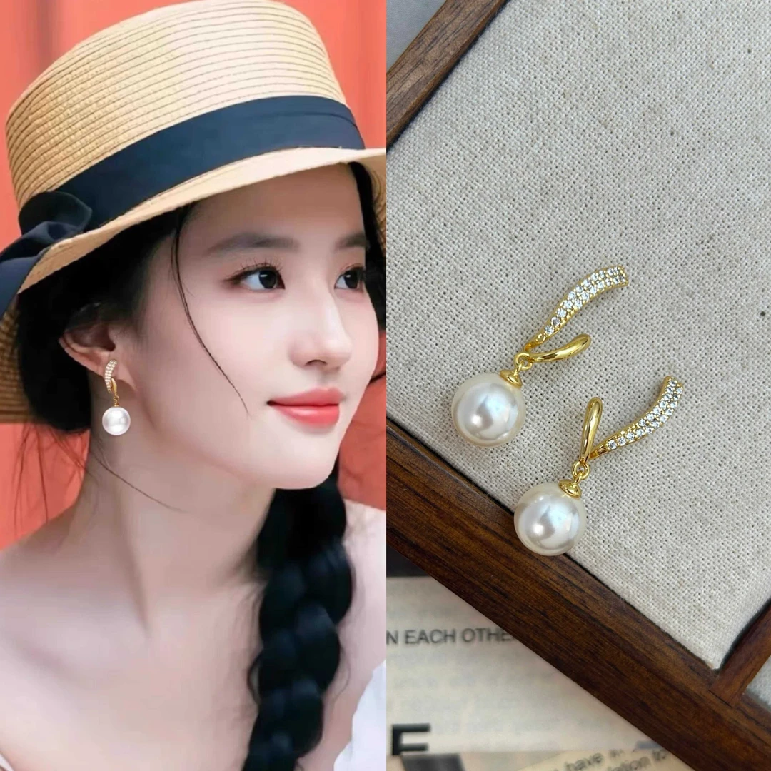 925银耳饰 刘亦菲同款天然母贝珍珠锆石耳钉轻奢高级感耳环耳饰