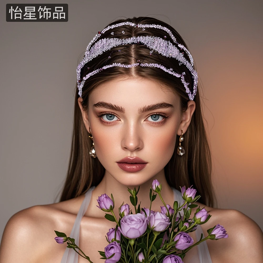 怡星 欧美宽边复古高级头饰轻奢紫色水晶压发头箍小香风发饰女A96