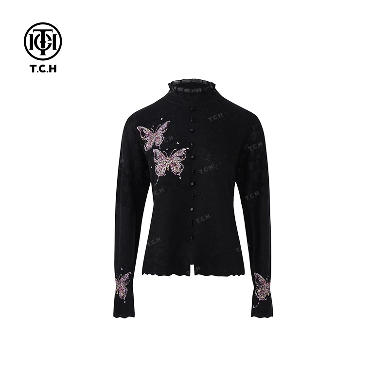 TCH轻奢烫钻工艺黑色圆领提花长袖针织衫T72C09E5160私服tch