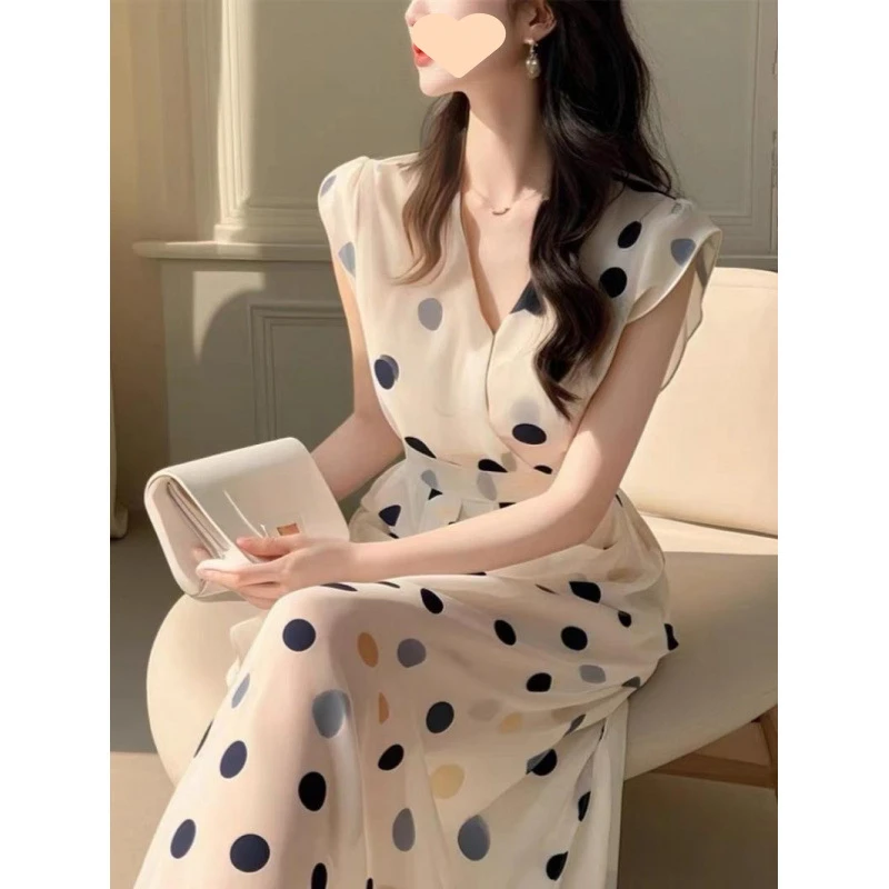 2025新款长裙轻奢高级感小个子法式气质波点雪纺连衣裙子女装夏季