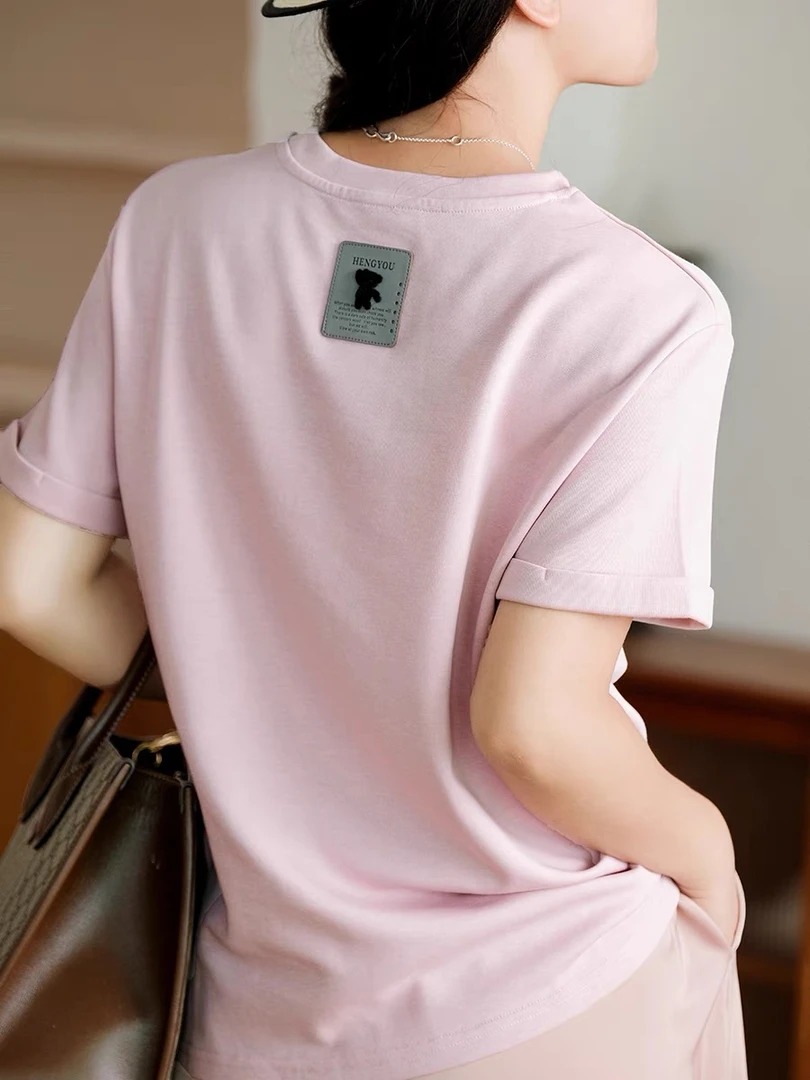 春夏新品！后背小熊翻边棉质短袖T恤女宽松休闲柔软亲肤上衣