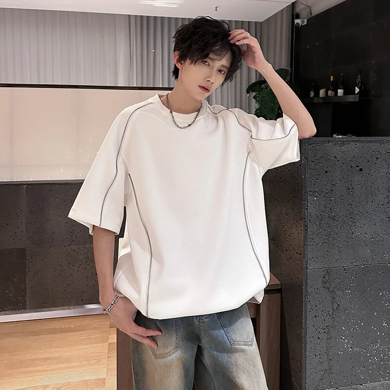 个性线条感拉链设计短袖男夏季美式高街t恤潮流百搭简约半袖上衣