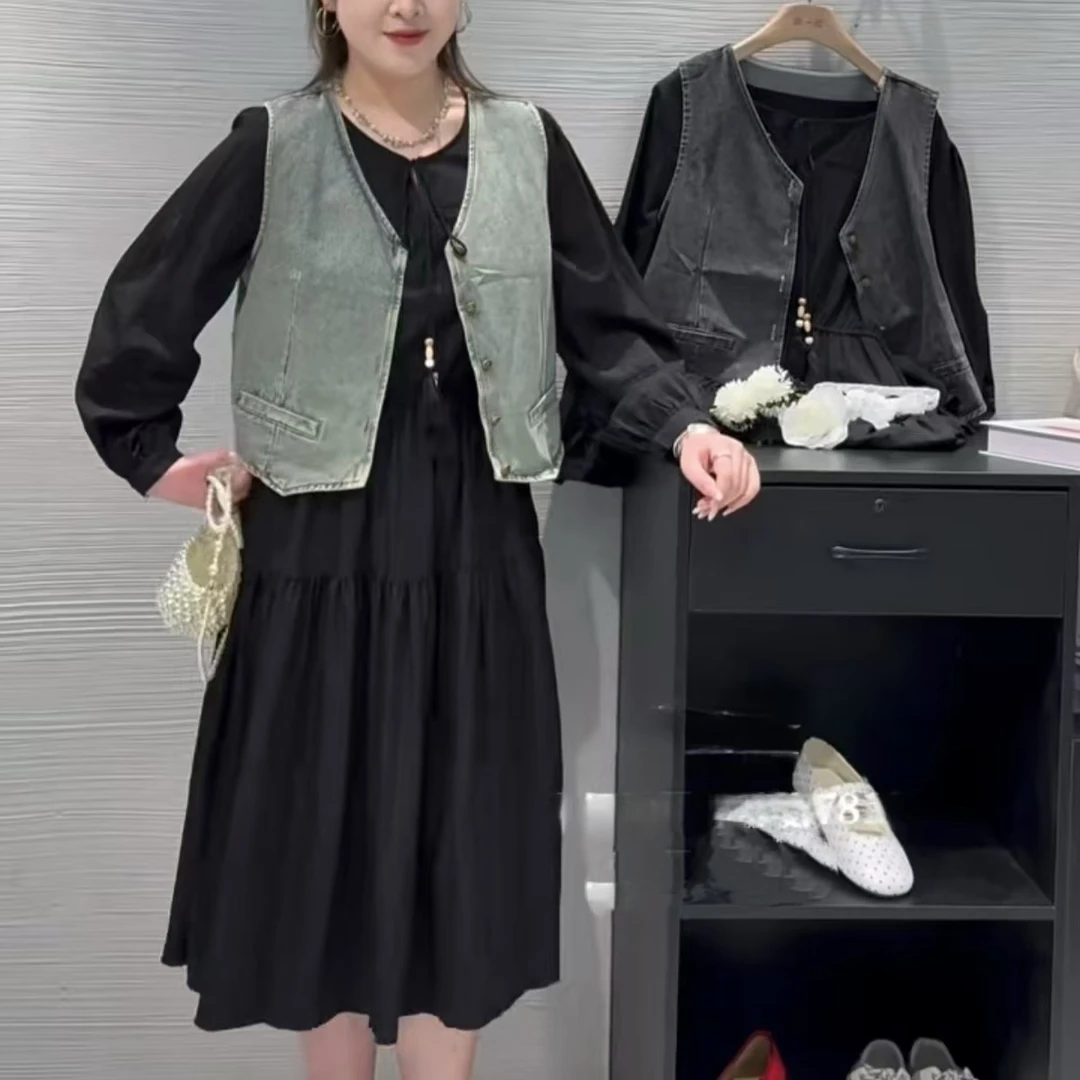 （收）新款大码7810欧若风穿搭显瘦减龄复古牛仔马甲连衣裙两件套