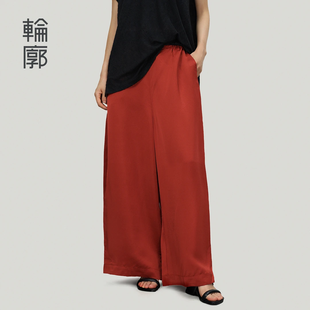 轮廓时泽阔腿裤国风休闲百搭通勤九分裤子女款夏季红L252K010