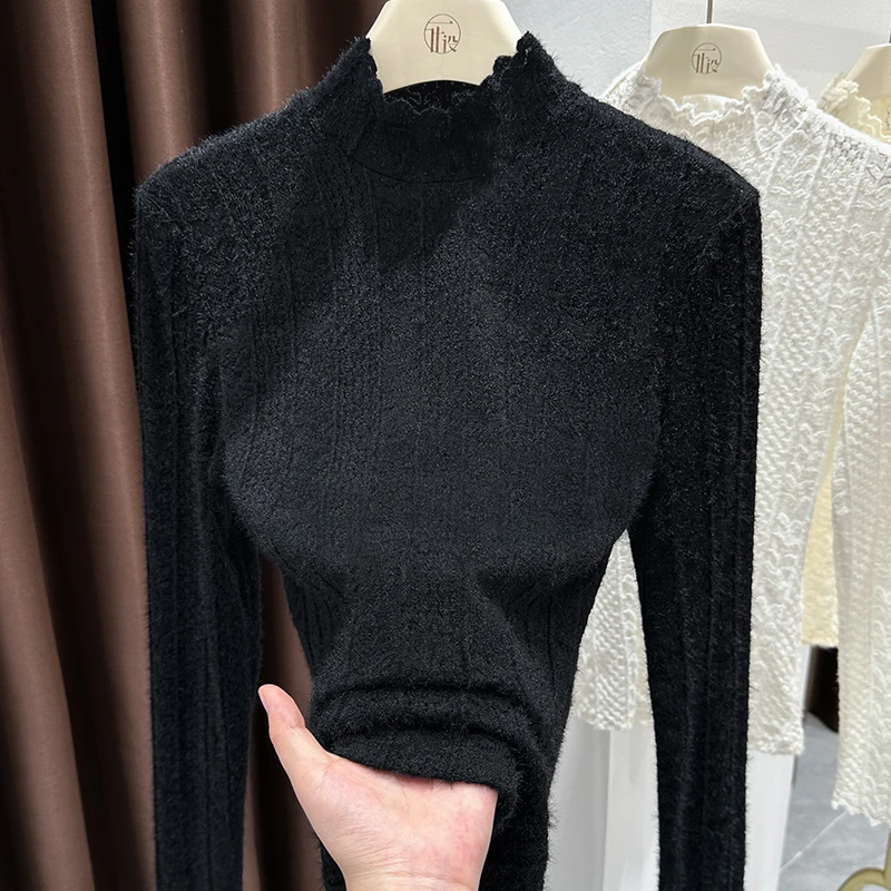 时髦贵气精致蕾丝打底衫2025秋冬新款半高领修身长袖百搭镂空T恤