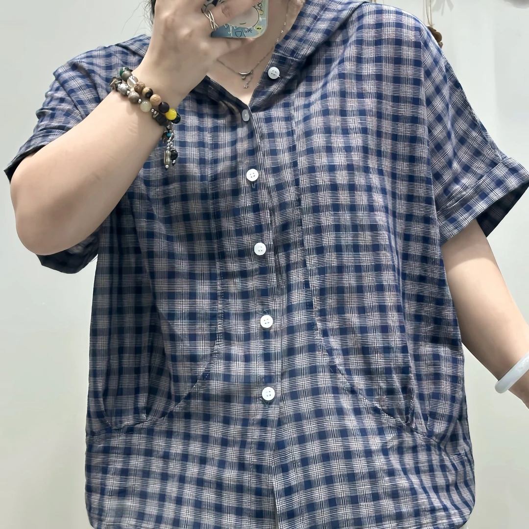 14319新款夏季百搭休闲时尚显瘦连帽格子小衫
