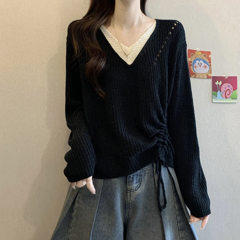 大码女装遮肚子V领抽绳长袖针织衫女春秋胖妹妹宽松显瘦别致上衣