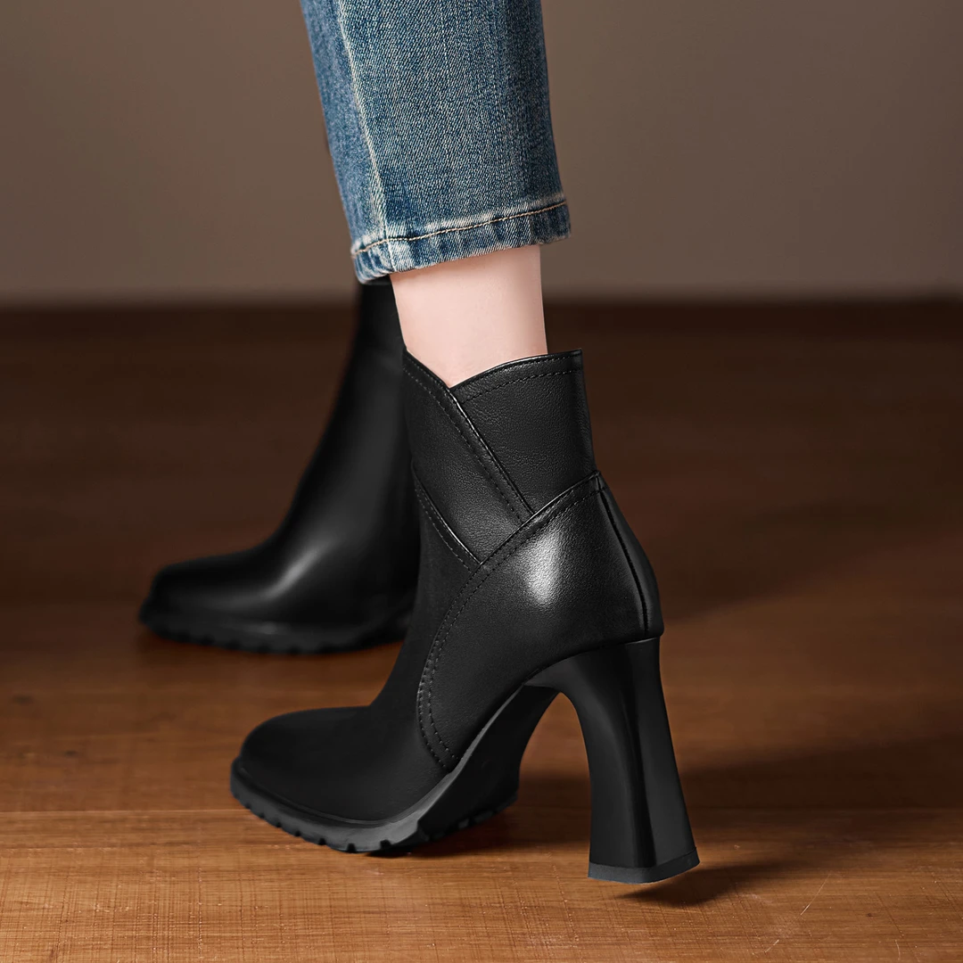 AACC女鞋8.9cm粗跟短筒单靴V口切尔西靴真皮高跟气质时装靴马丁靴