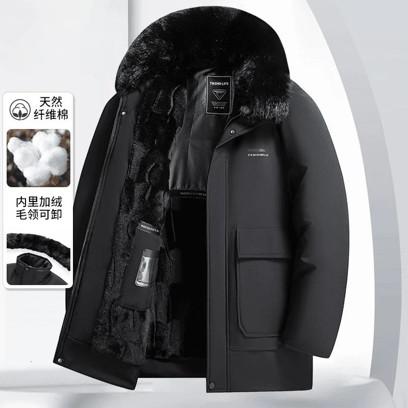 中老年男士棉衣加绒加厚爸爸冬装外套棉袄中老年男装棉服黑色毛领