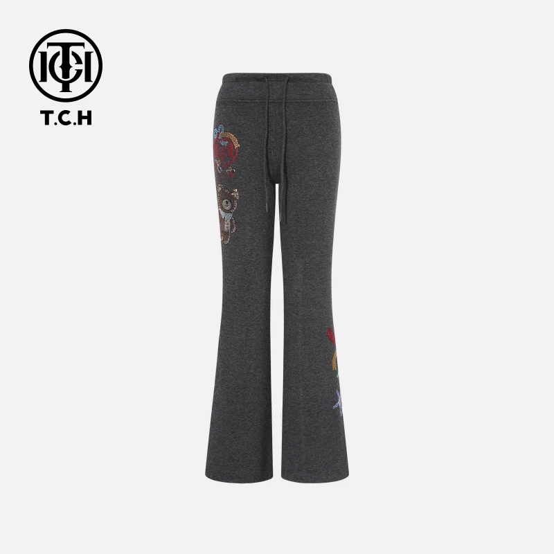TCH【时尚微喇】冬款加绒百搭烫钻慵懒风深灰色休闲裤T75D20E1149