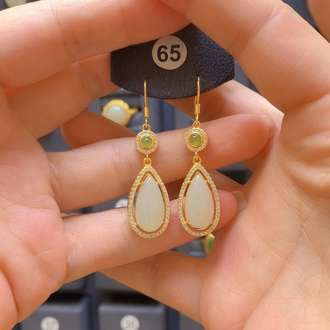 和田玉银S925镀金镶嵌耳饰