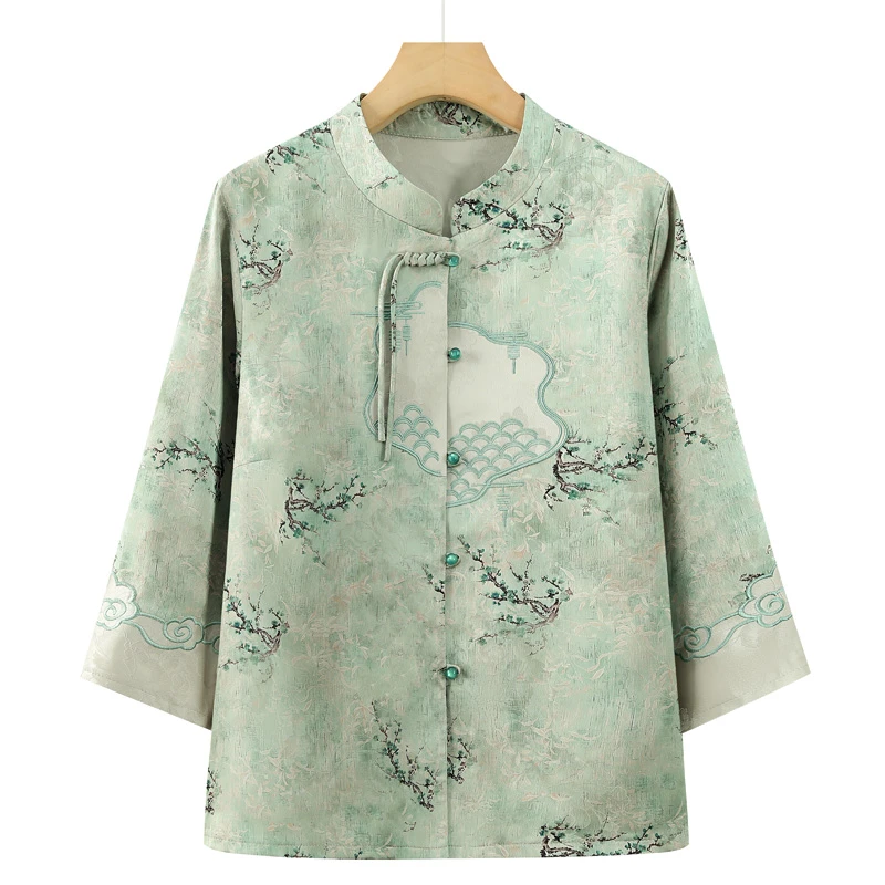 中老年女装夏装七分袖衬衣妈妈装夏季新款开衫新中式国风奶奶装