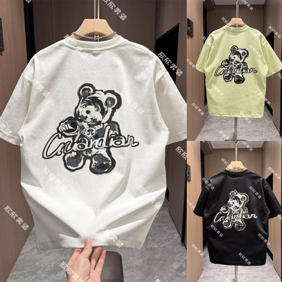 春夏季印花发泡毛巾绣宽松时尚情侣款男士短袖