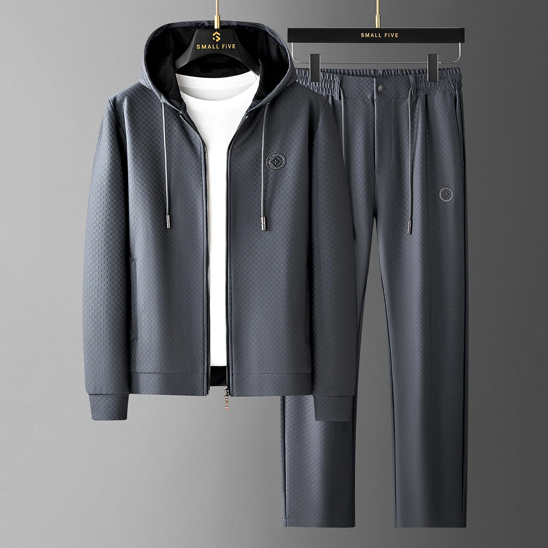 轻奢休闲运动套装男士秋季时尚高品质格纹开衫连帽外套卫衣两件套