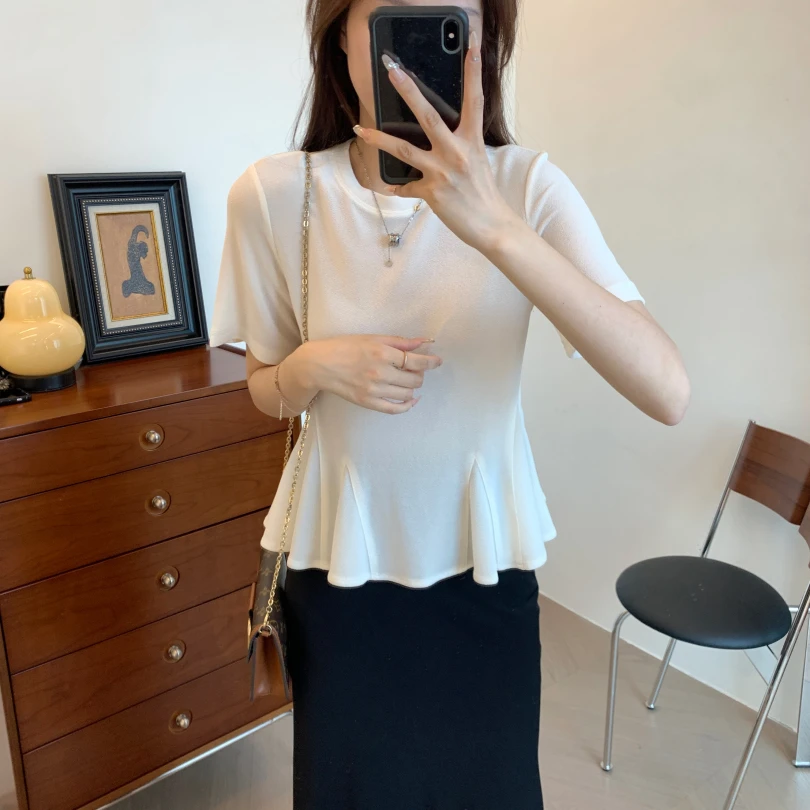 THEWOW 新型肌理醋酸面料 凉爽透气收腰显瘦衣摆荷叶圆领短袖
