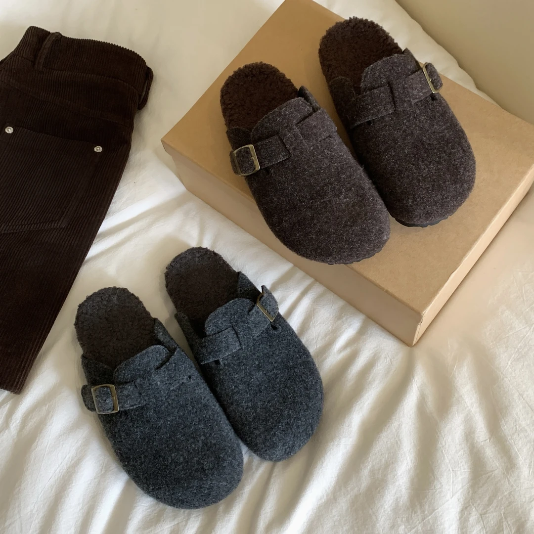 南风×Chio2nd勃肯鞋女秋冬加绒灰色厚底半包一脚蹬懒