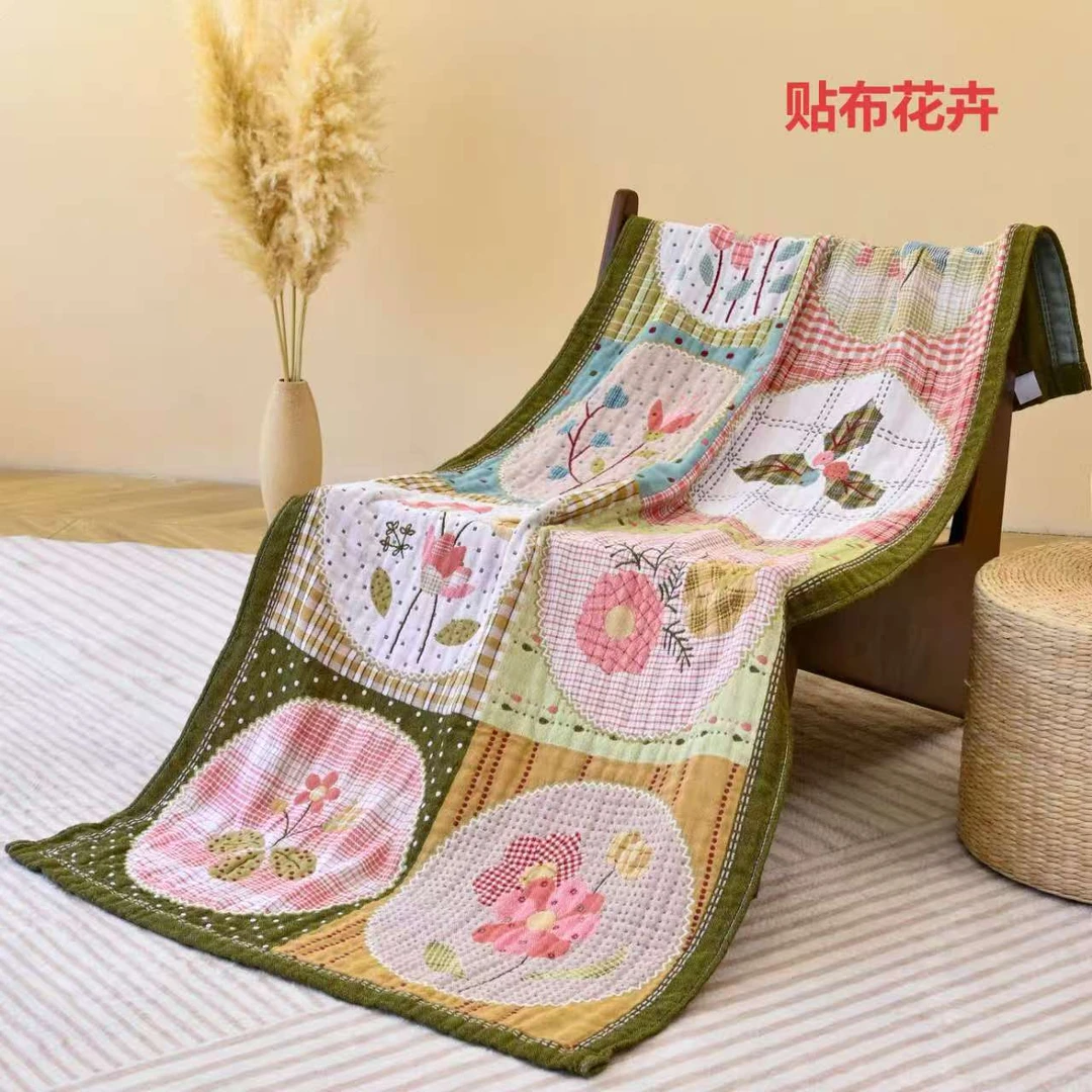 纯棉75*160纱布提花浴巾成人加厚田园风色织提花沙发巾  贴布花卉