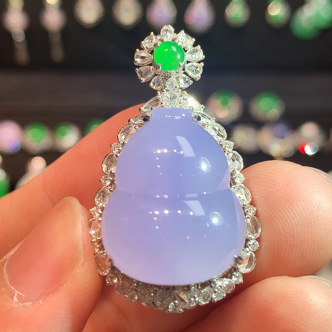 翡翠18K金镶嵌吊坠(赠链)高冰起胶紫罗兰胖葫芦吊坠