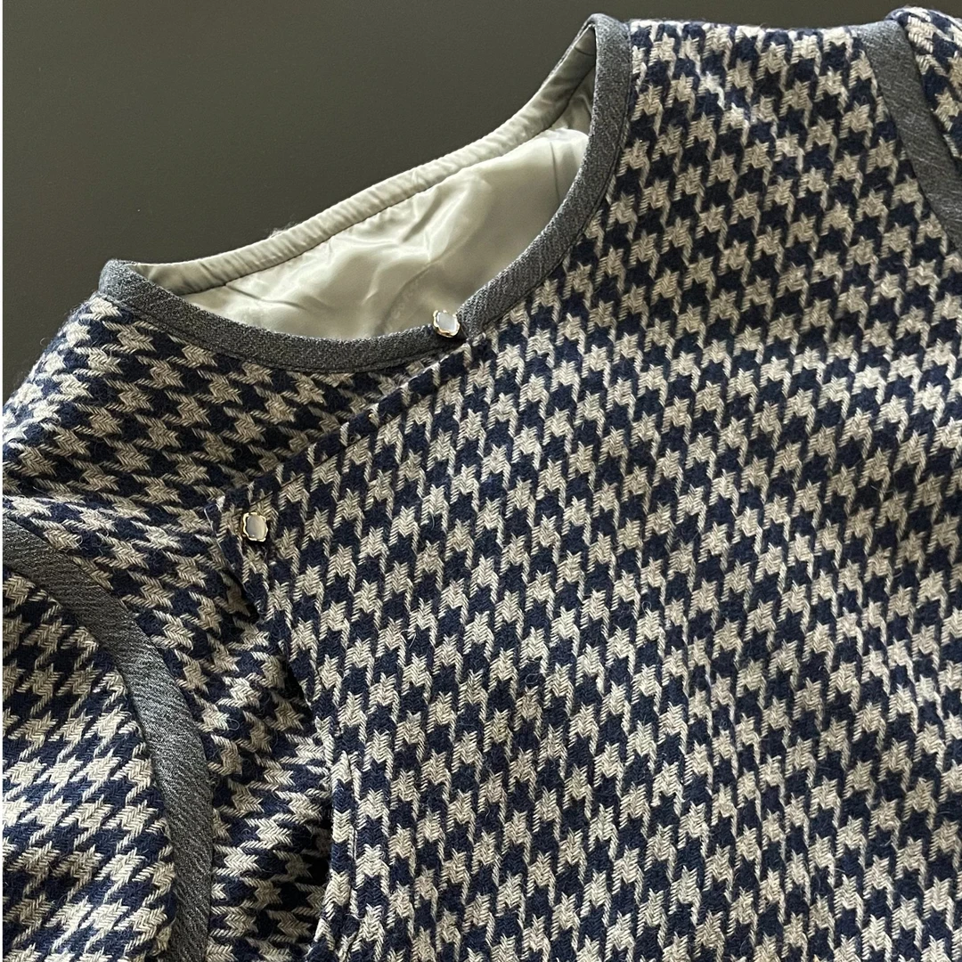 游牧风蓝色千鸟格连衣裙