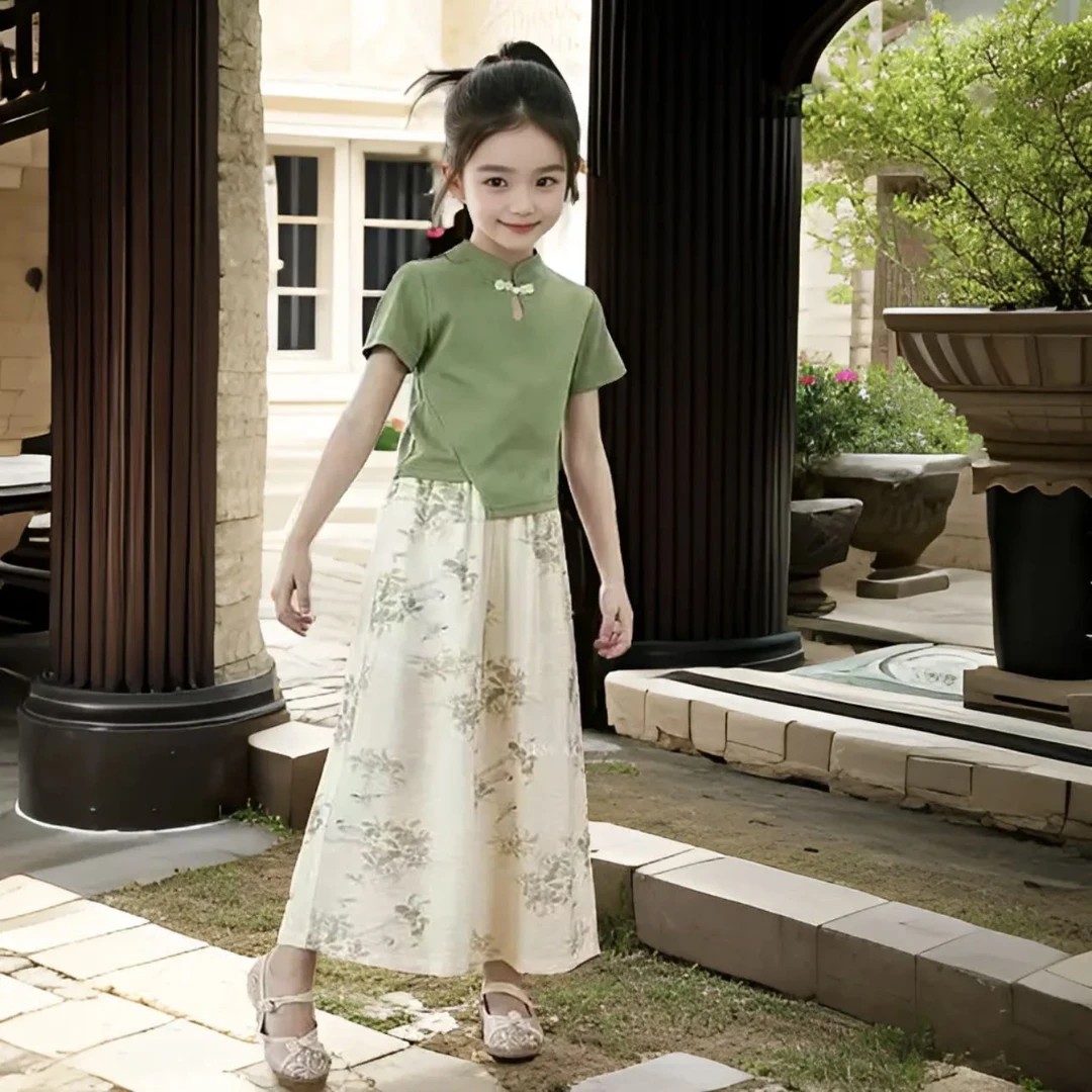 女童夏季中式国风盘扣套装中大童夏款汉服儿童半袖T恤长裤两件套
