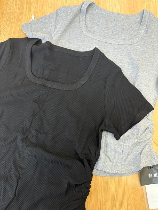 662 U型领短款褶皱T恤