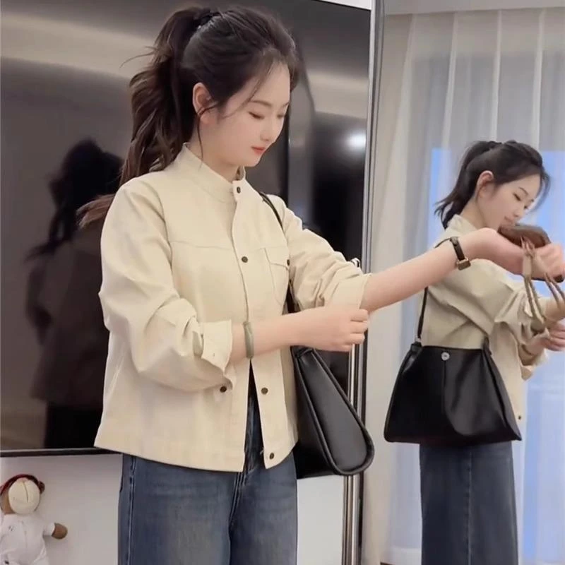2025春秋季新款女士休闲百搭短款立领外套小个子宽松气质夹克上衣