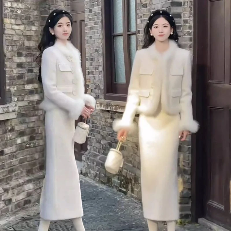 冬季新款时尚小香风套装裙女加棉加厚兔毛毛拼接温婉淑女防寒保暖